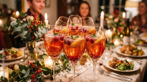 Glasses of champagne on Christmas party, Group of friends at a festive dinner party