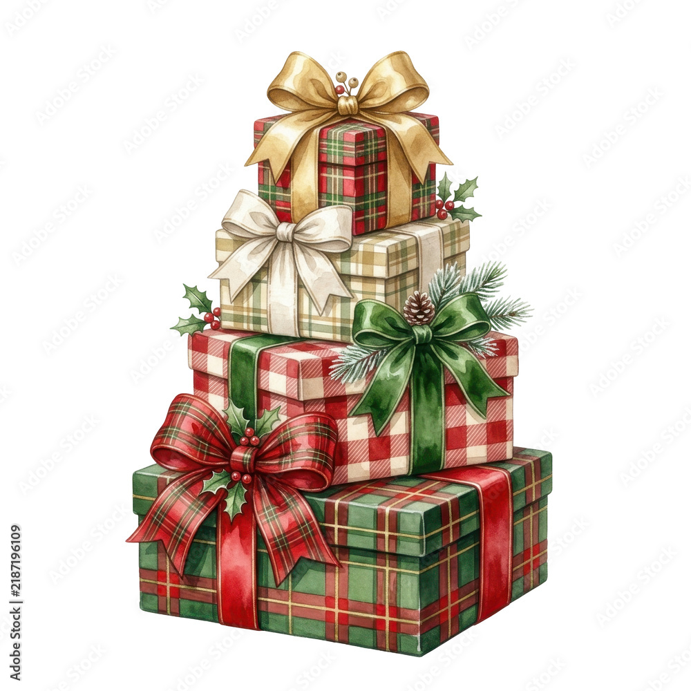 Naklejka premium Stack of festive Christmas gift boxes with ribbons and holly accents