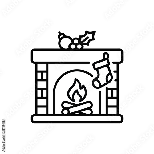 Fireplace icon with a Christmas stocking and burning fire logs stands isolated on a white background.