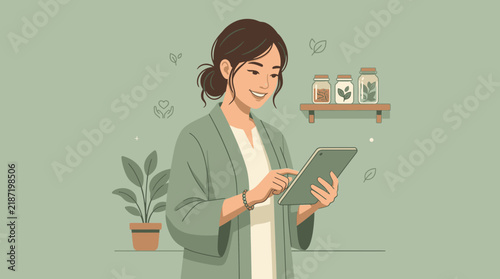 Young woman using tablet, surrounded by plants and natural elements.