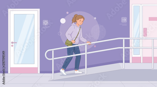 Young Woman Using Wheelchair Ramp Accessibility Isolated