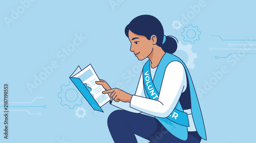 Young woman volunteer reading instructions, isolated on transparent background