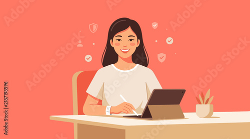 Young woman working on a tablet, isolated on transparent background