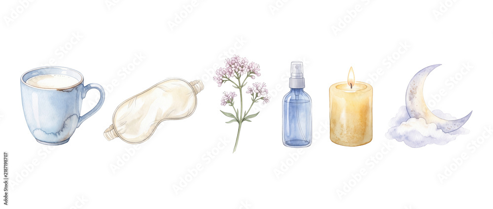 Obraz premium Sleep routine watercolor clipart set featuring sleep mask, warm milk mug, herbal flower, essential oil spray, burning candle, crescent moon and cloud for bedtime wellness and aromatherapy design.