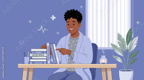 Young Male Doctor Sitting At Desk With Books, Medical Concept