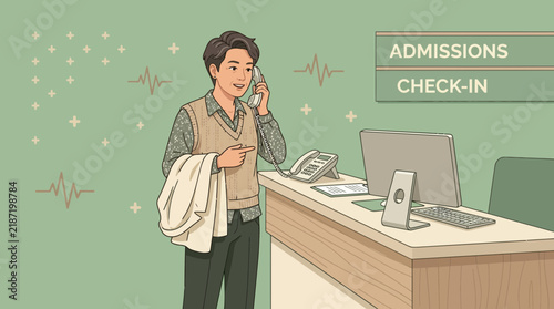Young male doctor talking on phone at hospital reception desk, admissions check-in