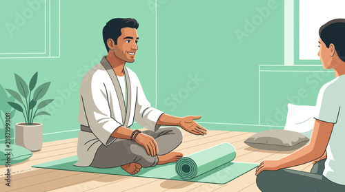 Yoga Instructor Teaching Student, Meditation, Wellness, Mat, Isolated