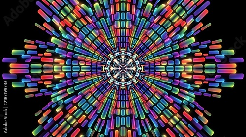 Dynamic Abstract Light Pattern with Symmetrical Radiating Rainbow Colors and Glowing Rectangular Shapes Creating a Mesmerizing Visual Experience