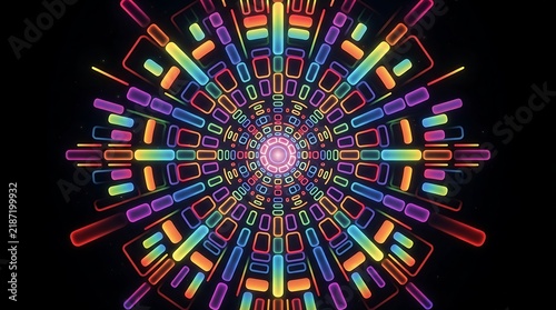 Vibrant Neon Geometric Kaleidoscope Tunnel Featuring Abstract Multi-Colored Radiant Light Patterns Creating A Mesmerizing Digital Visual Effect