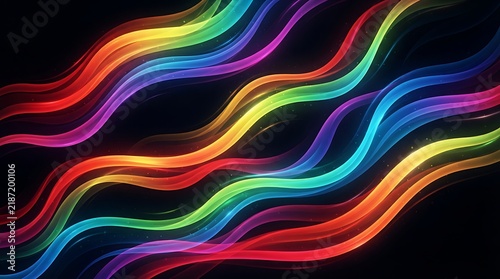 Vibrant rainbow glowing neon wavy lines abstract background with dynamic motion effects