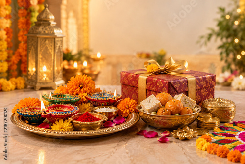 Festive Diwali gift box with colorful lit diyas, sweets and gold coins