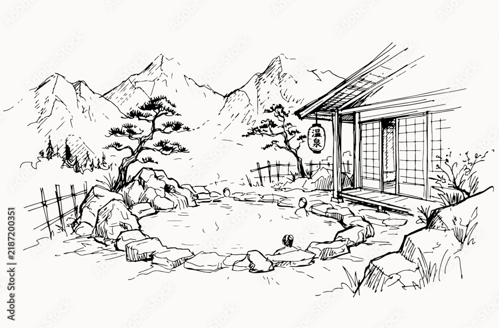 Fototapeta premium Japanese outdoor onsen hot spring in mountain landscape hand-drawn ink illustration