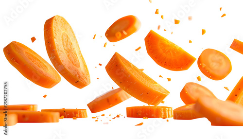 Floating, vibrant carrot slices against a stark black backdrop