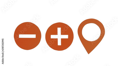 Картината върху платно Orange circular featuring a minus sign, a plus symbol, and a map location pin is