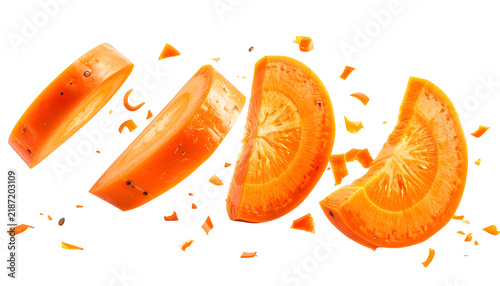 Sliced, vibrant orange fruit with inner starburst pattern, fragments against black