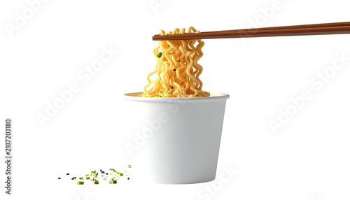 A close-up of a paper cup filled with instant noodles being lifted by wooden chopsticks