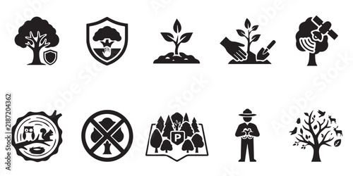 Set of black environmental and forestry icons featuring trees, conservation symbols, and wildlife. A collection of flat vector icons representing forest management, nature conservation, and ecology.