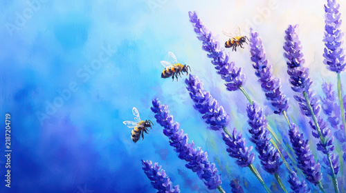 Vibrant watercolor painting of lavender flowers with bees, showcasing nature beauty and tranquility