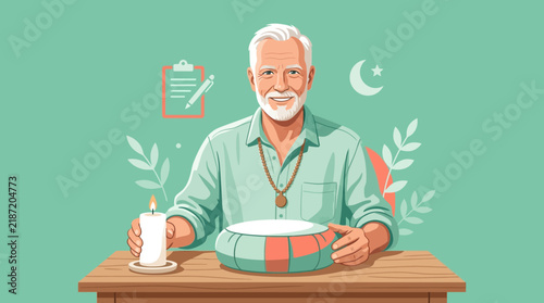 Wise old man with candle and contemplative bowl on transparent background