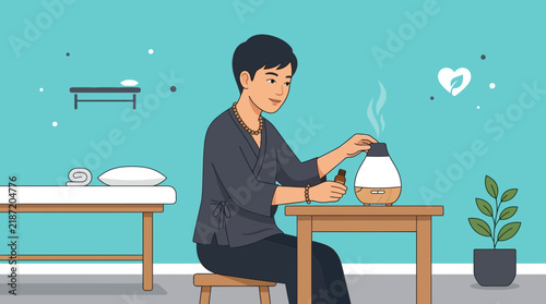 Woman adding essential oil to diffuser in spa room