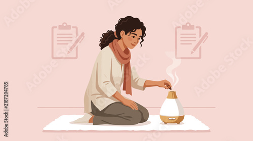 Woman adding essential oil to diffuser, aromatherapy, self-care, isolated
