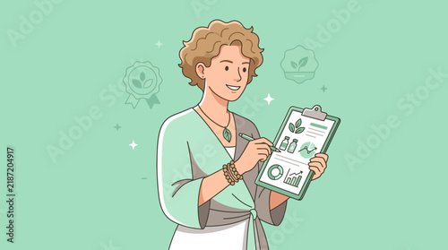 Woman Analyzing Eco-Friendly Product Data on Clipboard, Isolated
