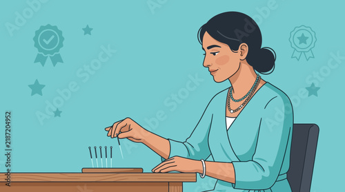 Woman Applying Acupuncture Needles to Traditional Pad