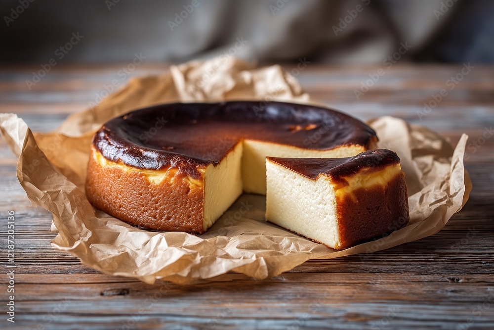 Obraz premium Sliced Basque Burnt Cheesecake with Caramelized Top on Rustic Wooden Table. Tarta de Queso. San Sebastian Cheesecake.