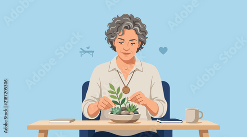 Woman arranging succulents, desktop gardening, serene hobby, isolated