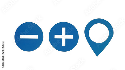 Obraz na plátně Minimalist blue featuring a subtraction sign, an addition symbol, and a map loca