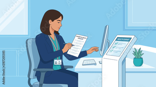 Woman at desk checking a document next to a computer screen, office setting