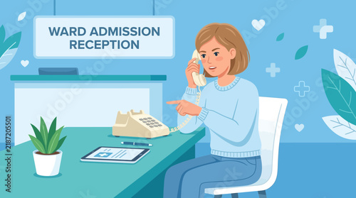 Woman at Hospital Reception Talking on Phone, Ward Admission Sign
