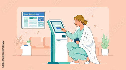 Woman at medical kiosk, appointment booking, healthcare concept