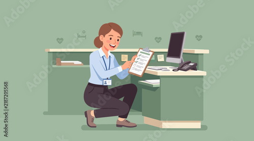 Woman at reception desk showing checklist, isolated, transparent background
