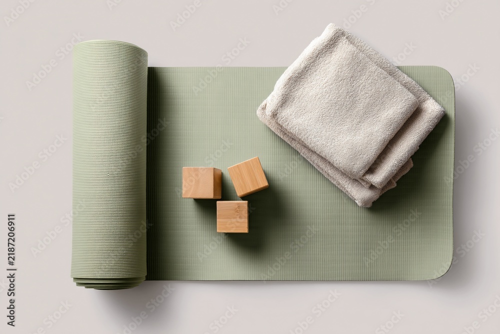 Obraz premium Green yoga mat with folded towel and wooden blocks.