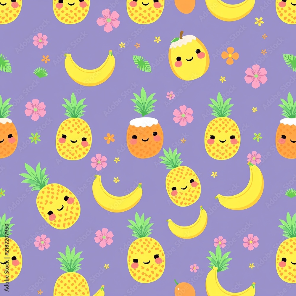 Obraz premium A vibrant and playful pattern featuring cartoonish pineapples and bananas against a purple background, perfect for cheerful designs, wallpapers, and playful artwork.
