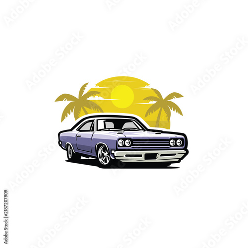 Classic muscle car in beach vector illustration. Best for automotive restomod tshirt design