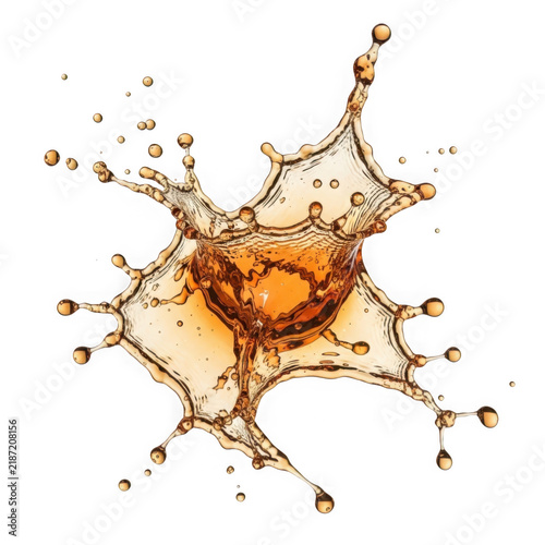 Splashing brown paint explosion with golden highlights on white background