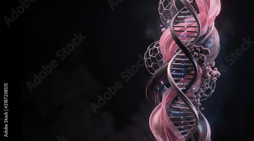Abstract DNA Helix and Pink Ribbon Background for Breast Cancer Awareness and Precision Medicine Research, Scientific Medical Concept with Copy Space on Black