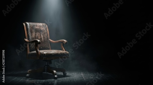 Vintage Weathered Leather Office Chair Under Dramatic Spotlight in Dark Cinematic Setting with Copy Space for Advertising