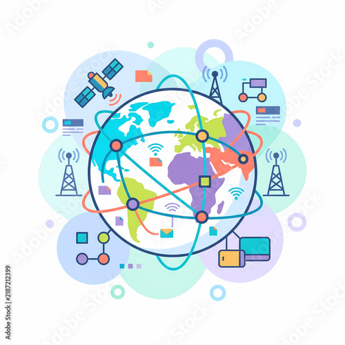 Global Telecommunication Network and Worldwide Data Connection Vector Illustration with Earth Globe and Satellite