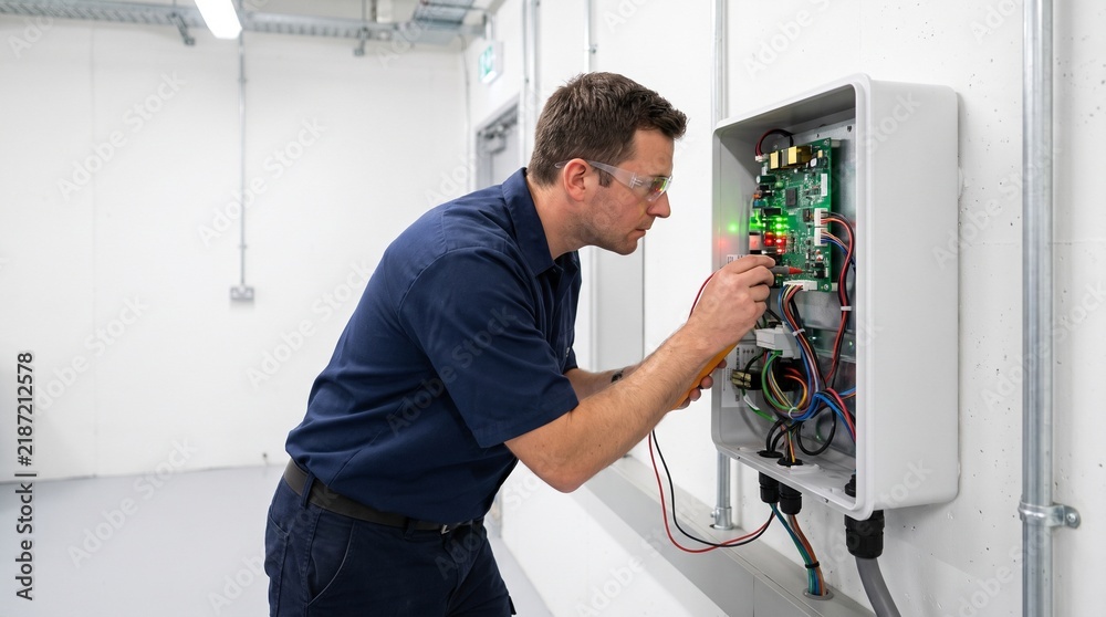 Obraz premium Technician Inspecting Solar Inverter Equipment Outdoors