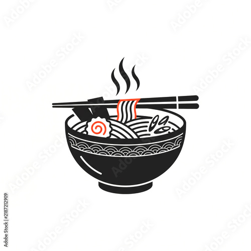 Japanese Ramen Noodle Bowl with Chopsticks, Narutomaki, and Steam Vector Logo Icon