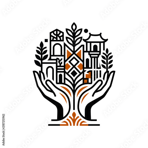 Cultural Heritage Conservation and City Architecture Emblem with Hands Holding Historic Buildings and Wheat Grain