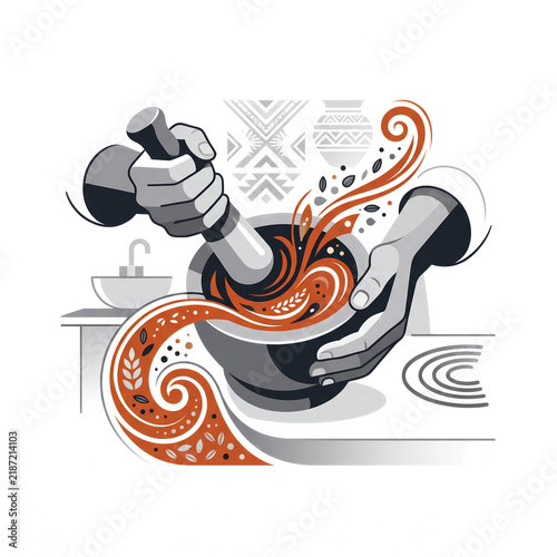 Traditional Culinary Herb Grinding Illustration with Hands Using Mortar and Pestle for Aromatic Spice Blend
