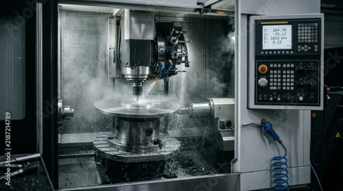A close up view of industrial milling operation utilizing cnc machine coolant to spray the spinning metal part while shaping and cutting raw components in a modern manufacturing facility