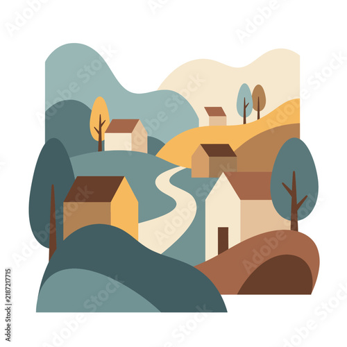 Rural Countryside Village Landscape Vector Minimalist Cottages Rolling Hills Winding Road and Trees in Muted Earth Tones