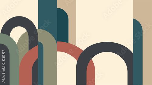 Abstract Retro Geometric Pattern Vector Interlocking Arch Curves and Stripes Background in Terracotta Sage Dark Teal and Beige Palette