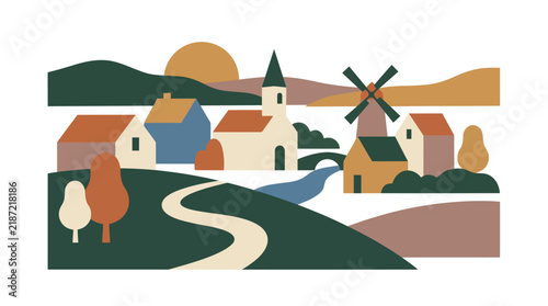 European Countryside Village Landscape Vector Church Windmill Houses River Bridge and Sunset Hills in Muted Earth Tones