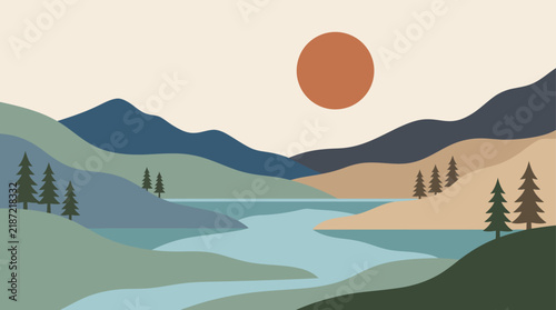 Abstract  Mountain Landscape Vector Modern Winding River Pine Trees Terracotta Sun Scenic Nature Art Print in Muted Earth Tones